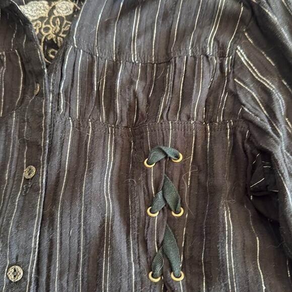 Murmur Black Silver Metallic Button Top Lace Up Floral Embroidery Whimsygoth L - Picture 5 of 7